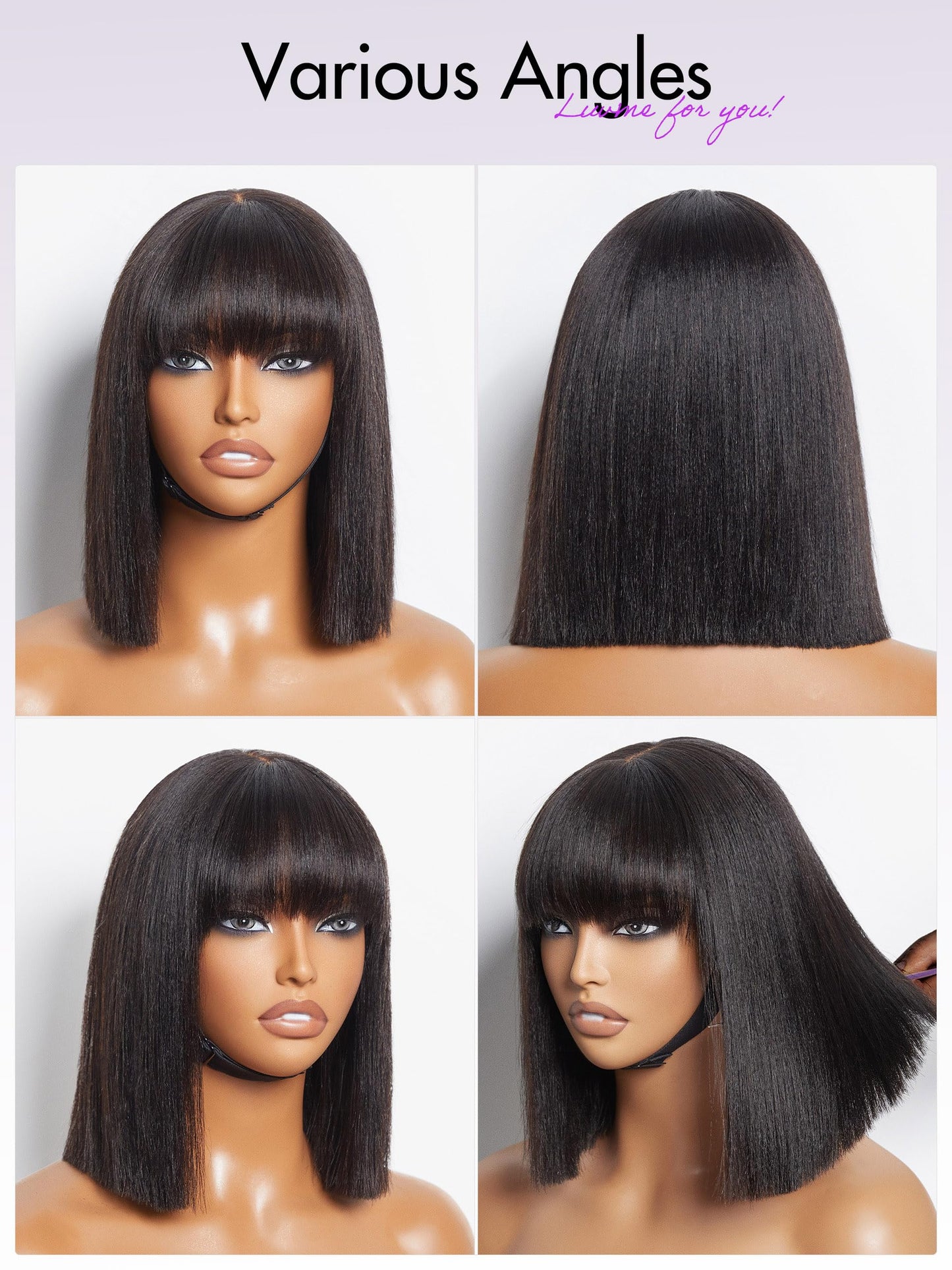 LUVME HAIR 10 Inch Light Yaki Straight Bob Wig with Bangs Human Hair Realistic HD Lace Short Black Bob Wigs, Ready to Go Blunt Cut Bob Wig Glueless 180 Density