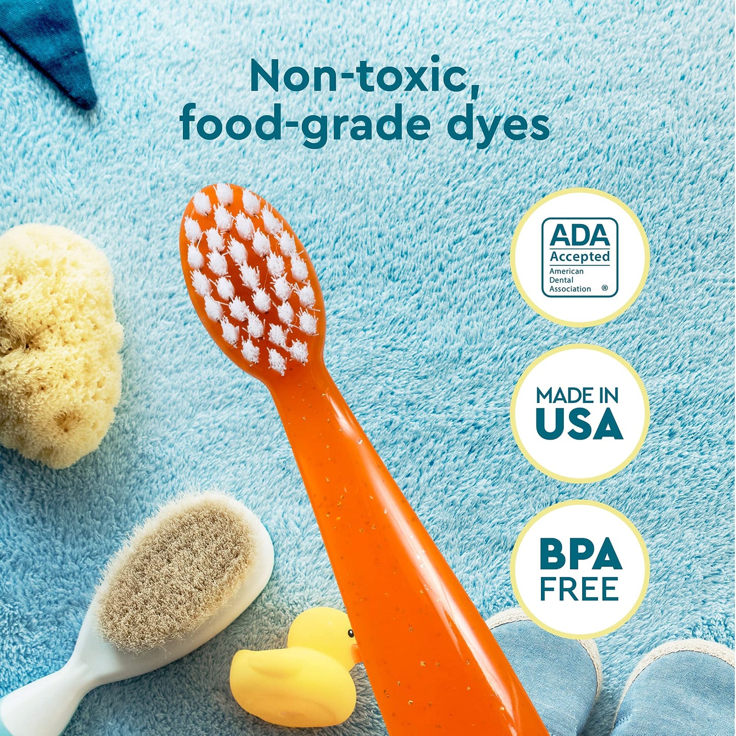 RADIUS Children's Toothbrush, Totz Brush, Extra Soft Bristles, Blue/Coral/Yellow, BPA Free & ADA Accepted, Designed for Delicate Teeth & Gums for Children 18 Months & Up, Pack of 3