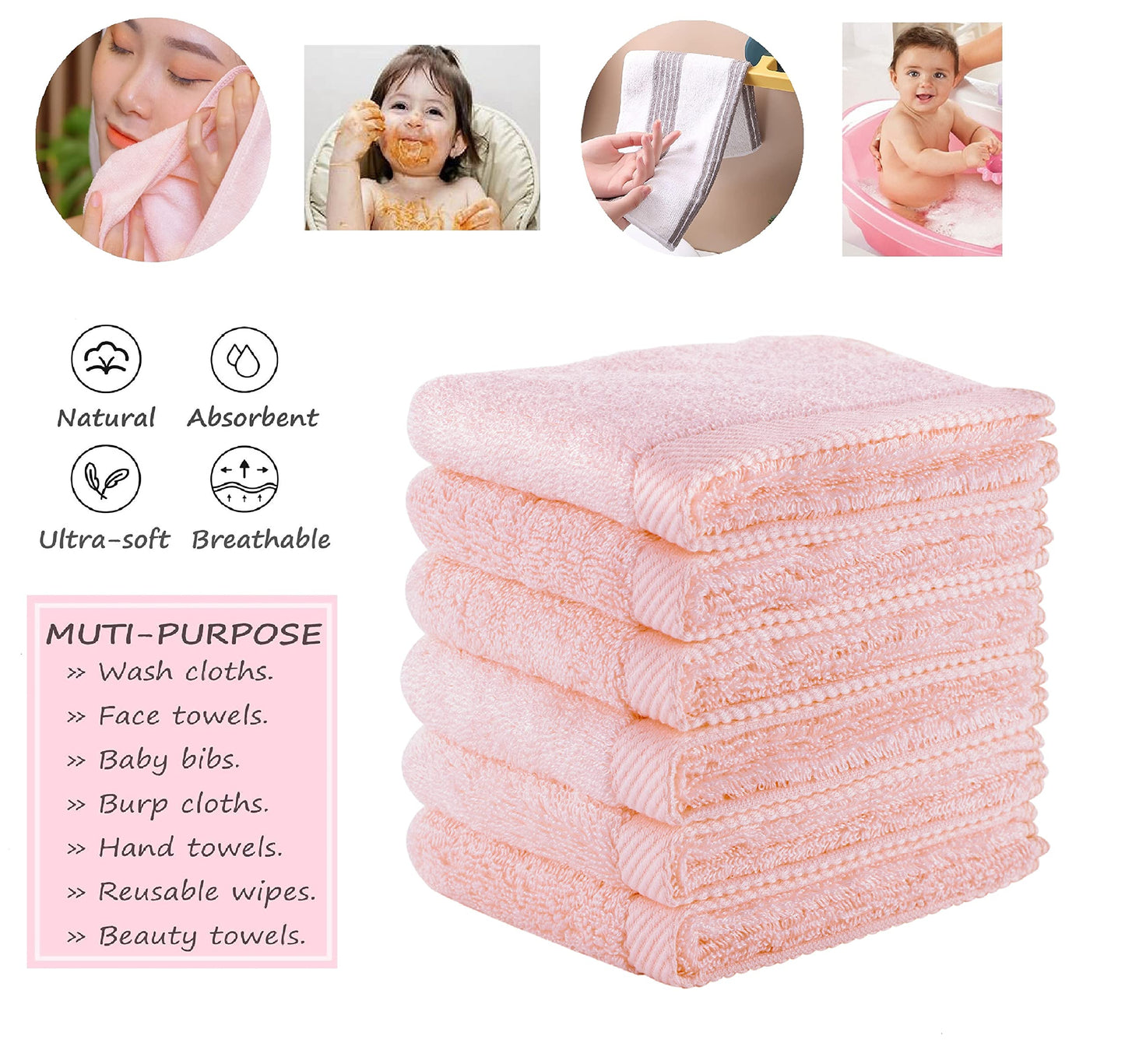 Mother-Earth 6-Pack Bath Washcloths 12"x12" - Soft and Absorbent Face Towels, Quick-Drying Wash Cloths for Sensitive Skin, Premium Quality for Daily Use (Pink Cotton)