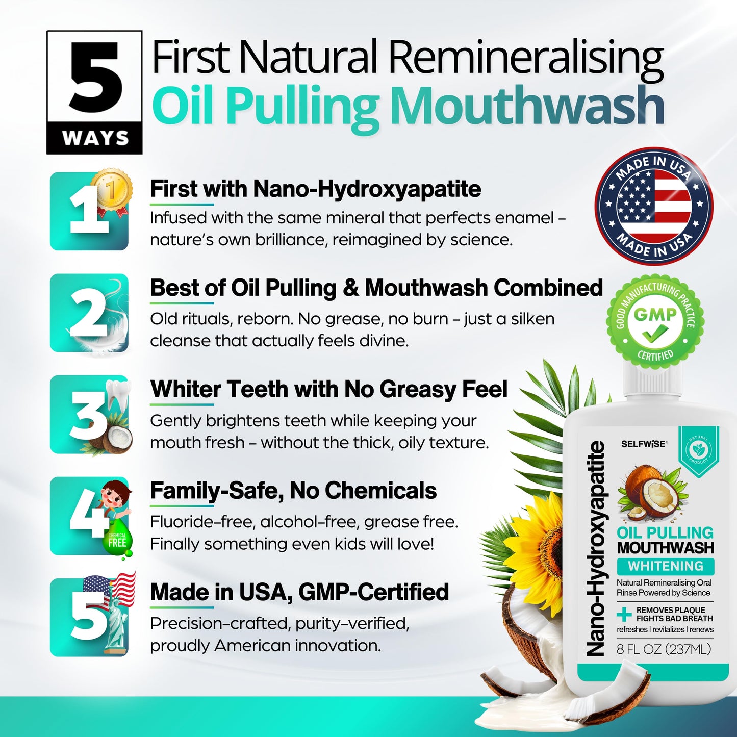 Nano-Hydroxyapatite Oil Pulling Whitening Mouthwash for Teeth and Gums, Natural & Organic, Whitens Teeth, Strengthens Enamel, Fights Bad Breath & Plaque – Smooth & Non-Greasy – for Adults & Kids 8oz