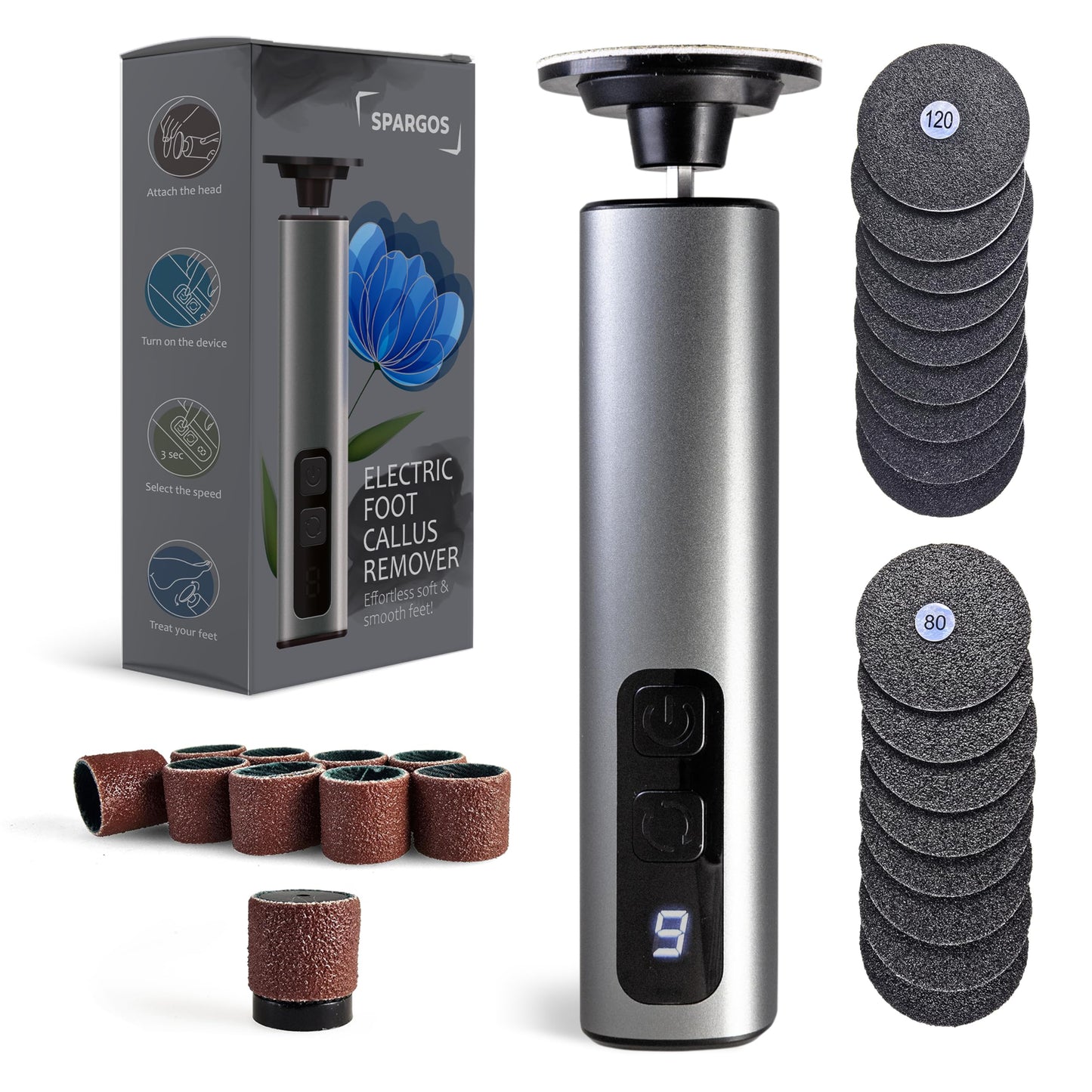 Spargos Electric Foot Callus Remover Rechargeable - Black Electric Foot Filer with 9 Speed Settings, Type-C Charging, and 60 Sanding Discs for Smooth Skin - Callus Remover for Feet