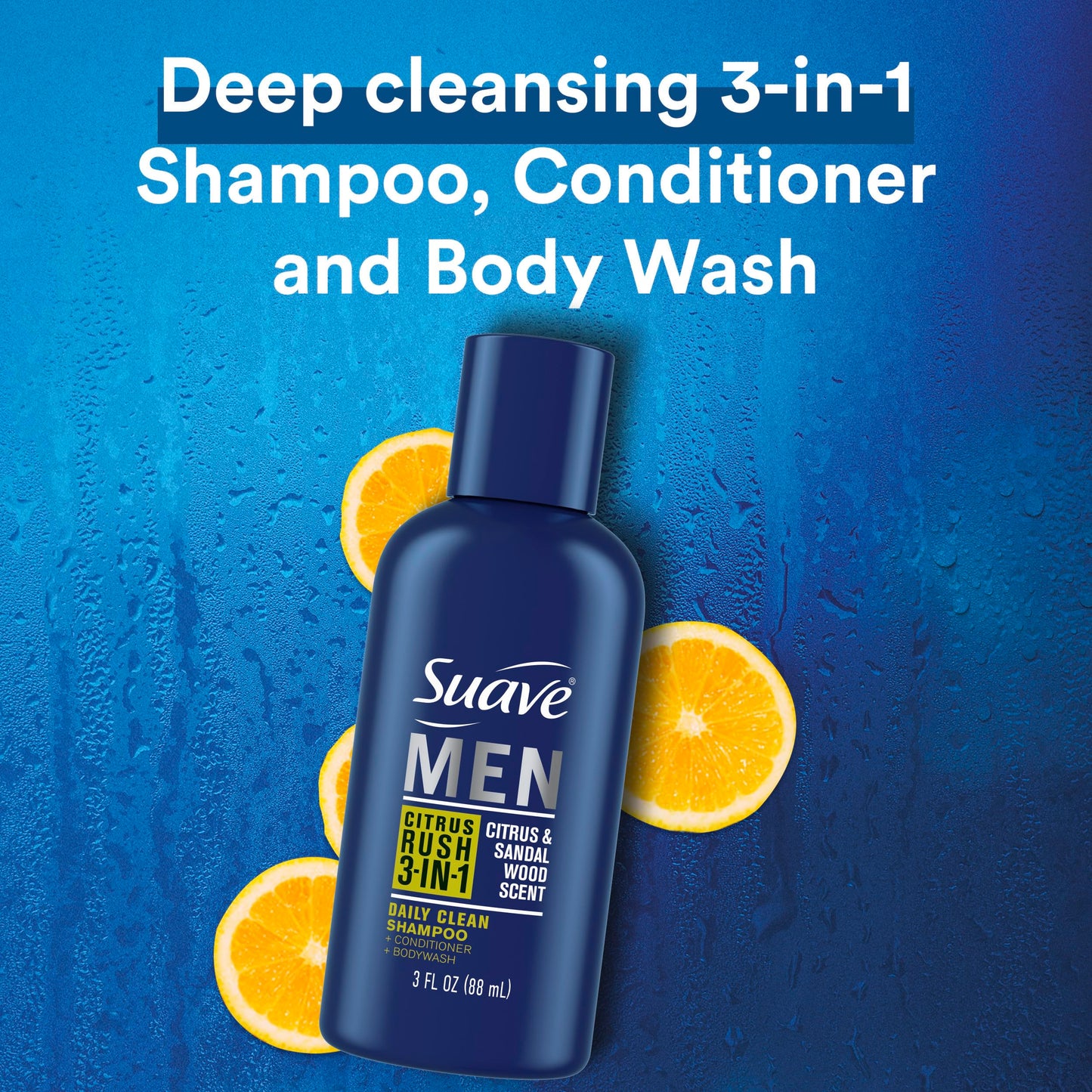 Suave Men Body Wash 3-in-1 Citrus Rush – Travel-Size Shampoo, Conditioner & Body Soap All-in-One Formula with Keratin for Healthy Hair & Skin, 3 Oz Ea (Pack of 3)