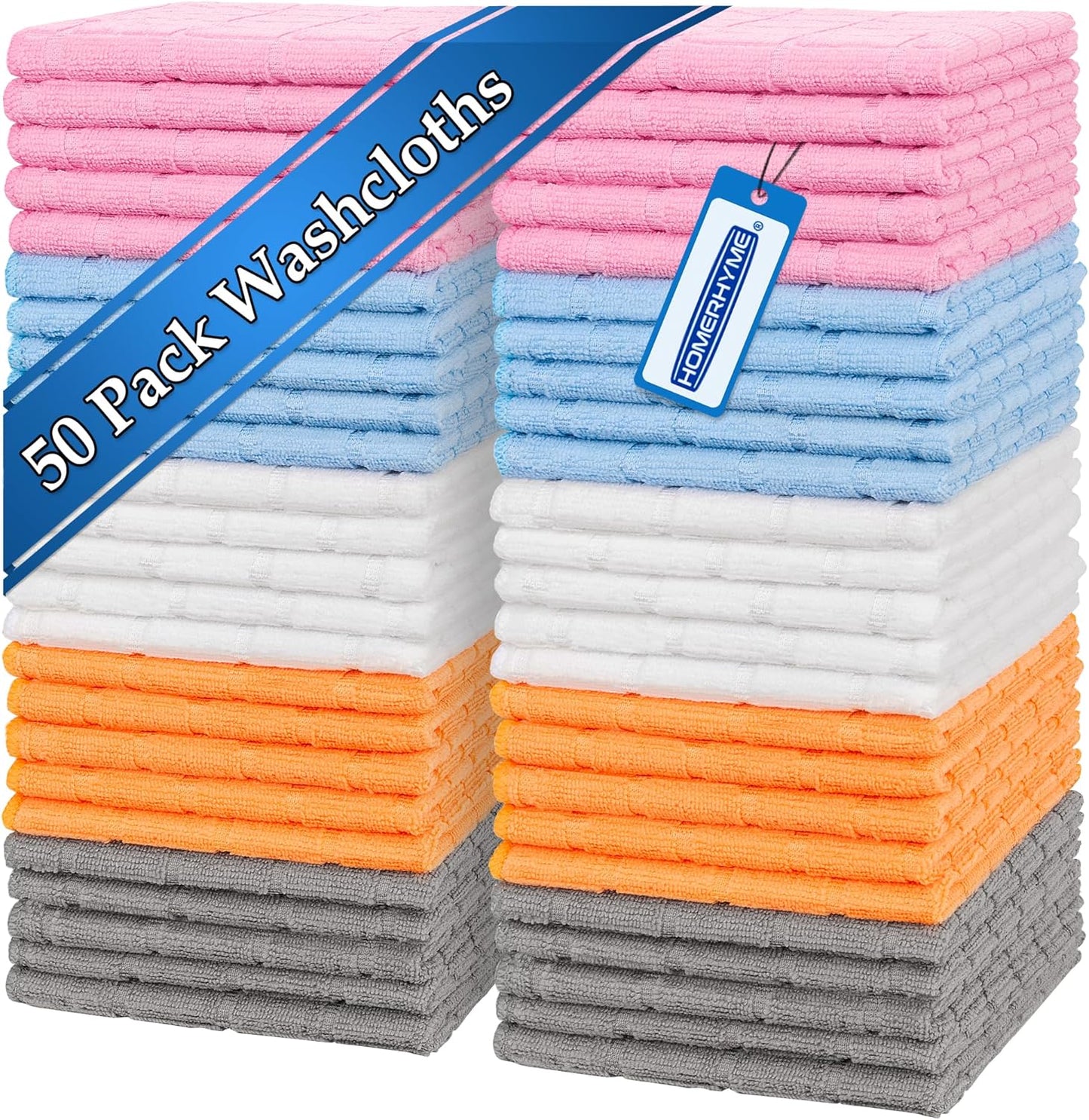 Microfiber Washcloths 50 Pack - Soft, Lint-Free Quick-Dry Face Towels for Gym, Bathroom & Kitchen