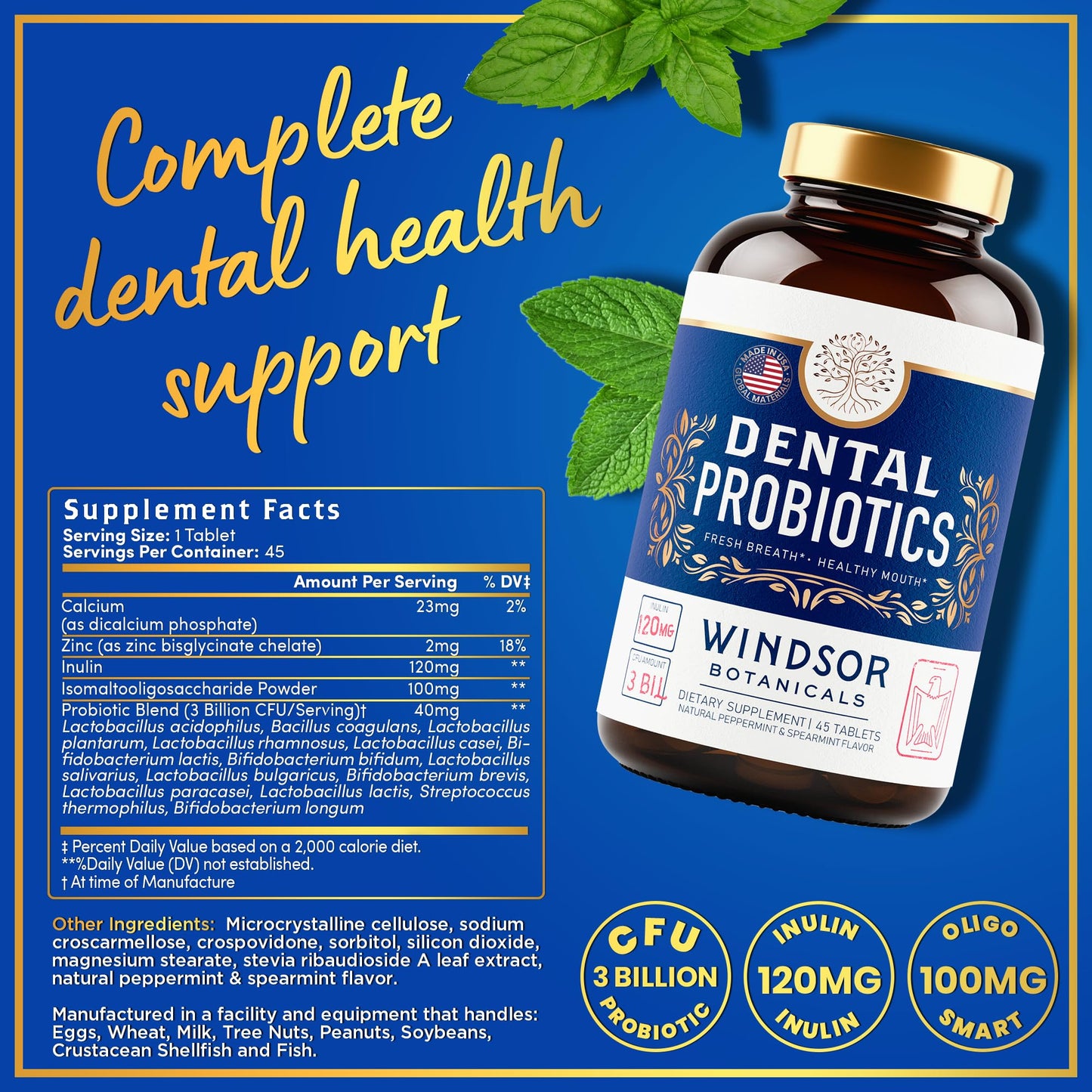 Oral Probiotics for Teeth and Gums - 3BN CFU Lactobacillus Salivarius Acidophilus Rhamnosus Streptococcus - Bad Breath Treatment for Adults - 45 Chewable Mint Dental Probiotic Tablets for Women & Men