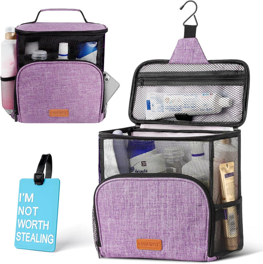 Full-Size Hanging Toiletry Bag & Shower Caddy Tote - Bath Organizer for College, Gym, Travel with Funny Luggage Tag