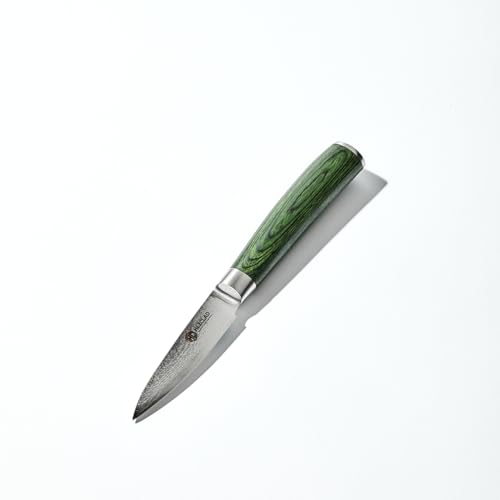 Green HexClad 3.5-Inch Japanese Damascus Paring Knife - Full Tang, Sharp Kitchen Tool