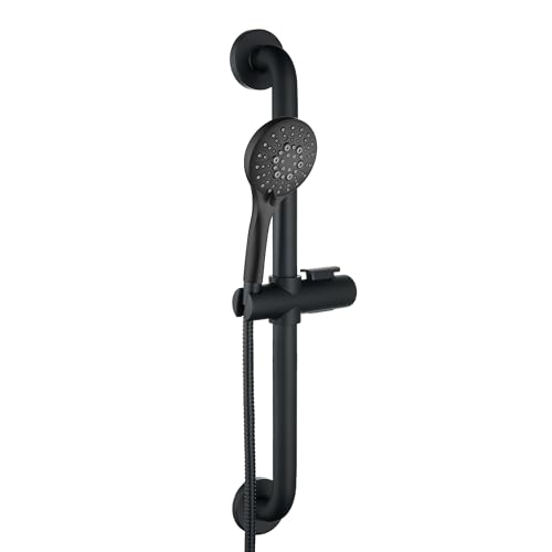 BRIGHT SHOWERS Matte Black Stainless Steel Shower Slide Bar Set with 5-Spray Handshower and 69-Inch Hose – ADA Compliant