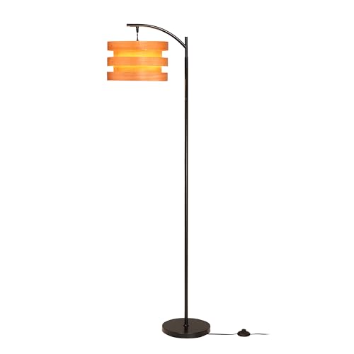 O’Bright Strata Wooden Floor Lamp - Mid Century Modern Standing Lamp with Layered Horizon Shade - Black & Light Oak