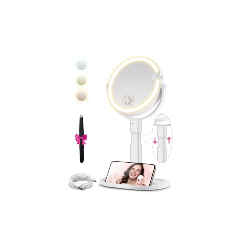 MOMOKUBA White Makeup Mirror with Lights, 20X Magnification, Adjustable Height