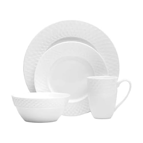 Mikasa Trellis 16-Piece Bone China Dinnerware Set - White, Includes Plates, Bowls & Mugs, Dishwasher Safe, Contemporary Design