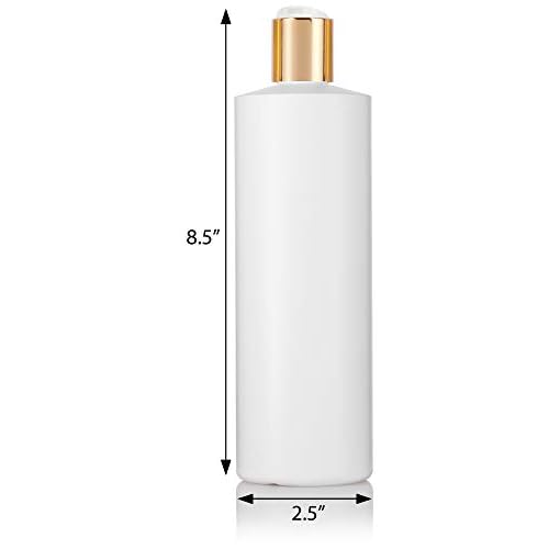 JUVITUS 16 oz Large White Refillable Plastic Squeeze Bottles with Gold Disc Cap Lid (12 pack)