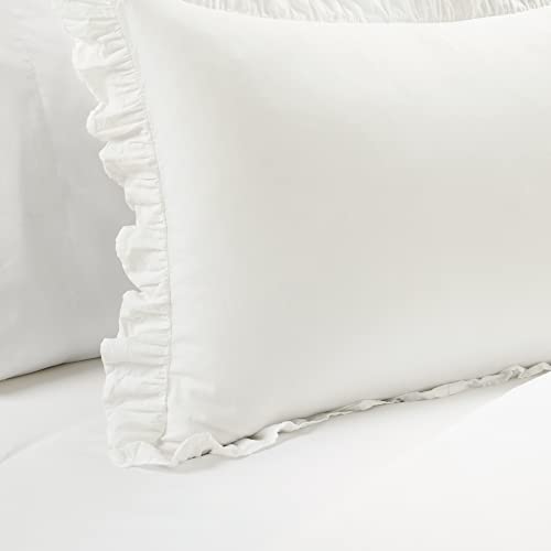 Twin XL Duvet Cover Set with Ruffled Border - White Cotton Bedding for Dorm & Teen Rooms