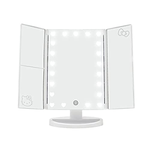 Impressions Vanity Hello Kitty Trifold LED Mirror, Desk Mirror with Lights and Touch Sensor Switch, Lighted Makeup Mirror with 2X and 3X Magnifying (White)