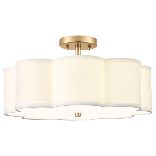 18-Inch Gold Semi-Flush Mount Ceiling Light with Flower Fabric Drum Shade - Audickic