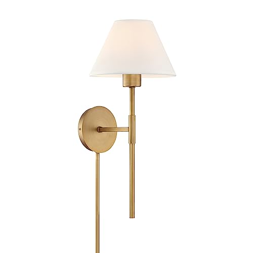 Brass & White Plug-in Wall Sconce with Cotton Shade - Set of 1