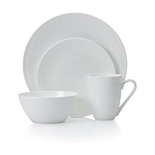 Mikasa Loria 16-Piece Dinnerware Set for 4 – White Bone China, Embossed Bead, Microwave & Dishwasher Safe (Brown Box Variant)