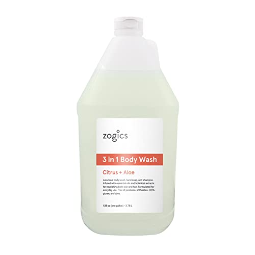Zogics 3-in-1 Citrus and Aloe Body Wash Refill Gallon - All-in-One Shower, Shampoo & Hand Soap