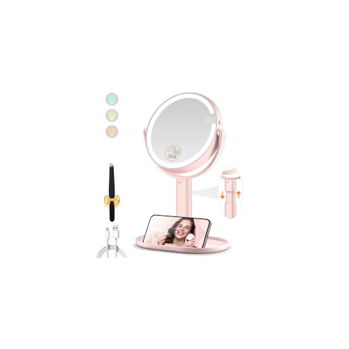 Pink Makeup Mirror with Lights, 30X Magnification, Adjustable Height Vanity Mirror