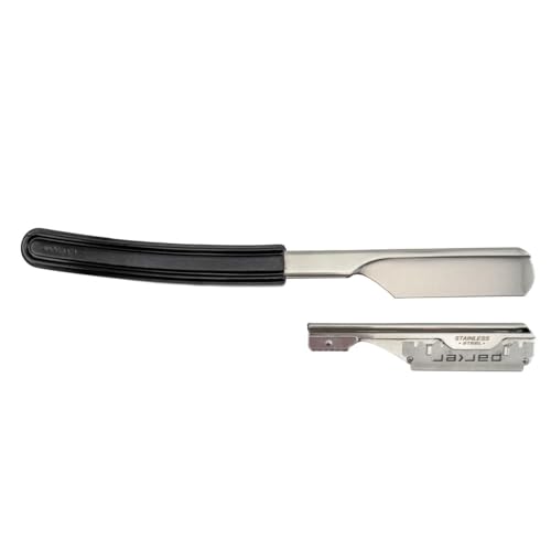 Parker Director Chrome Non-Folding Straight Barber Razor ? Japanese-Style Shavette with Stainless Steel Arm, Ergonomic Black Handle & Blade Protector Cap ? Ideal for Professionals - 5 Blades Included