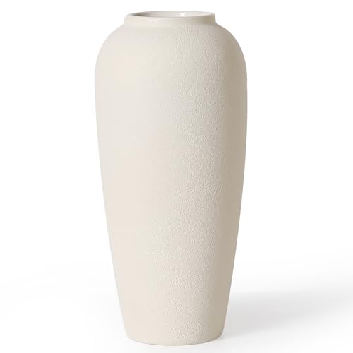 Cream White Tall Ceramic Floor Vase - 14.9 Inch Large Clay Flower Display