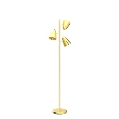 Brushed Gold Tree Floor Lamp with 3 Adjustable Arms & LED Bulbs - Tall Standing Reading Light