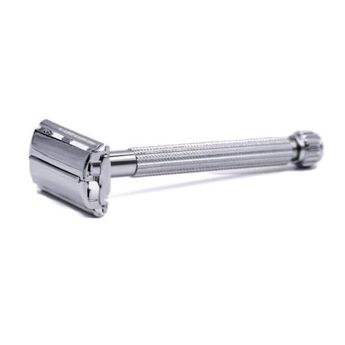 Parker 29L Chrome, Long Handle Butterfly Open Double Edge Safety Razor for Men & Women, 5 Parker Premium Platinum Double Edge Razor Blades Included