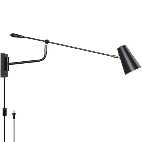 Matte Black Adjustable Wall Lamp Swing Arm Wall Sconce with White Shade and Gold Accents
