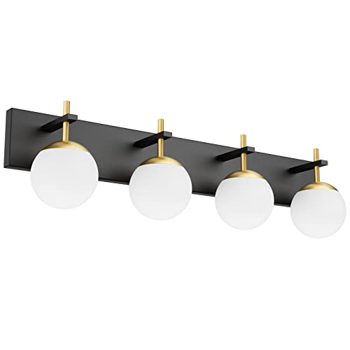 Mid Century Modern Vanity Lights - 4-Light Milky Glass Globe Wall Fixture - Black & Gold, 30 Inch