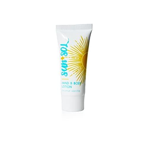 World Amenities Sun + Sol Luxurious Hand & Body Lotion With Warm Coconut & Vanilla Fragrances, Travel Size Toiletries, Mini Hotel Amenities
