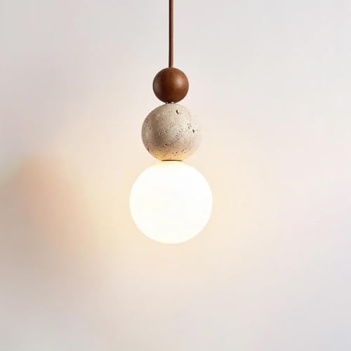 Natural Stone & Frosted Glass Spherical Pendant Light - Walnut Color, Indoor Hanging Lamp for Kitchen & Dining