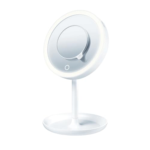 Illuminated 5X Vanity Mirror with Touch Control, Storage Tray, 13.8"L x 7.3"W, Magnetic Magnification, White LED, Cordless, 360° Rotation