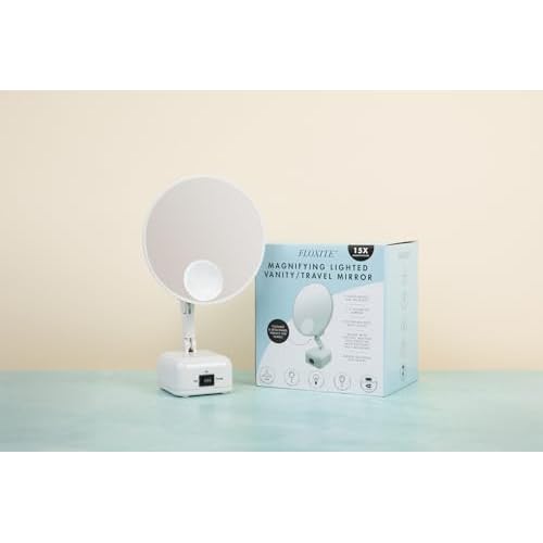 Floxite FL-615-2 15X magnifying mirror with light, Lighted travel makeup mirror with light and magnification, Round, LED, Tabletop, Portable vanity mirror for desk bathroom, electric plug in, personal