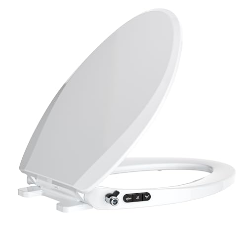 Elongated Bidet Toilet Seat with Soft Close, Button & Knob Control, White, Black Buttons Variation