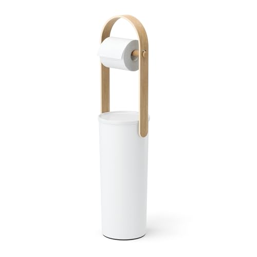 Modern Toilet Paper Holder with Storage - Holds 3 Rolls, White/Natural