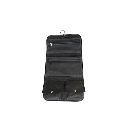 Vetelli Leather Toiletry Bag for Men - Water Resistant, 2 Zippered Internal Pockets, 2 Snap-Fastened Internal Pockets, and Hanging Hook. (Black)