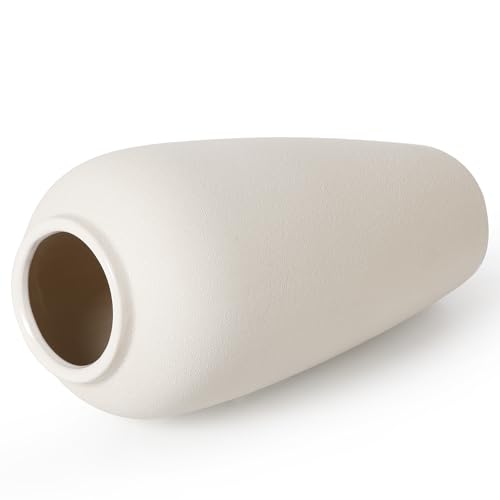 Cream White Tall Ceramic Floor Vase - 14.9 Inch Large Clay Flower Display