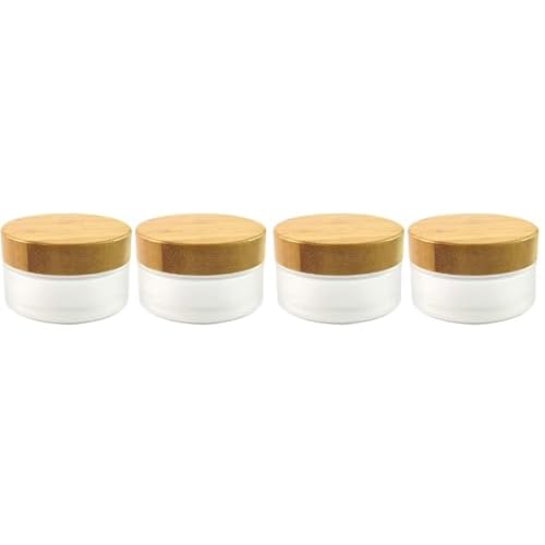 Frosted Glass Cream Jars,4 Pack 100ml/3.4oz,Natural Bamboo lids Empty Refillable Cosmetic Container Bottles Glass Cosmetic Sample Jars with lids for Face Cream Make Up Eye Shadow Travel