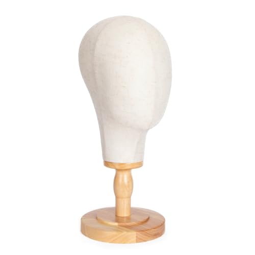 White Wooden Mannequin Head Stand with Detachable Base and Canvas Wig Display Model W1