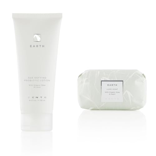 Zents Age-Defying Probiotic Lotion & Triple-Milled Luxe Bar Soap Set (Earth Fragrance) | Moisturizing Lotion with Hyaluronic Acid & Organic Shea Butter | With Organic Shea Butter | 6.4 fl oz & 5.7 oz
