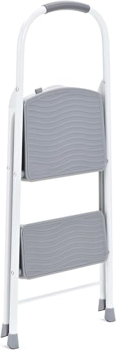 2-Step Steel Step Stool Ladder with Hand Grip - White, ANSI Type 2 Duty Rating