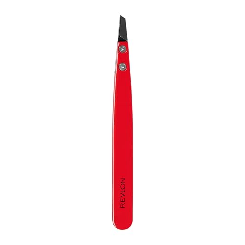 Revlon Ceramic Slanted Tip Tweezers, Precision For Eyebrow Shaping and Fine Hair Removal, Stainless Steel Body, Red, 1 Count