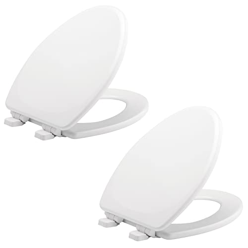 Elongated Soft Close Toilet Seat 2-Pack - Heavy Duty Wood, White, Easy Install, USA Made