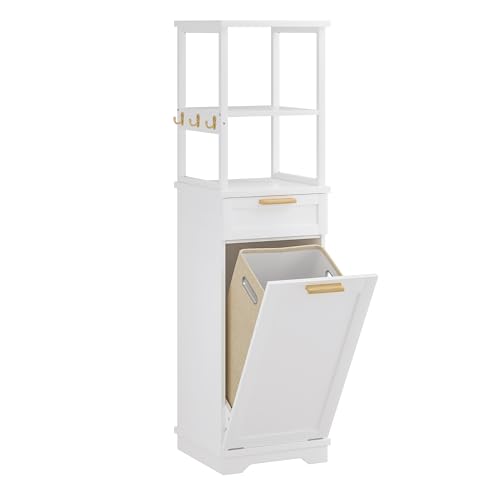 Tilt Out Laundry Hamper Cabinet with Shelves and Drawer - White, 53 Inch