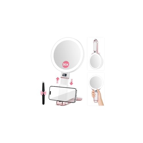 30X Travel Magnifying Vanity Mirror with Light & Phone Holder - Rosegold