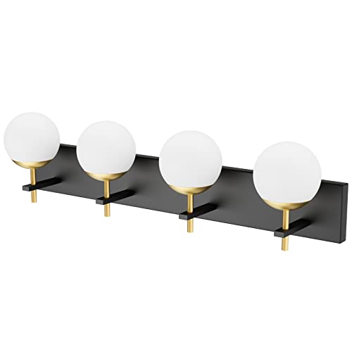 Mid Century Modern Vanity Lights - 4-Light Milky Glass Globe Wall Fixture - Black & Gold, 30 Inch