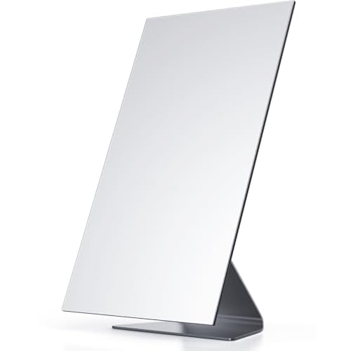Rectangular Free-Standing Makeup Mirror, Frameless 1X Vanity Mirror with Adjustable Tilt, Metal Base, for Desk, Bathroom Countertop or Windowsill, 12 x 7 Inches