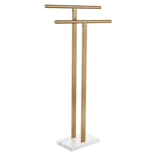 KOKOSIRI Champagne Bronze Standing Towel Rack with Marble Base, 2-Tier Bathroom Floor Towel Holder