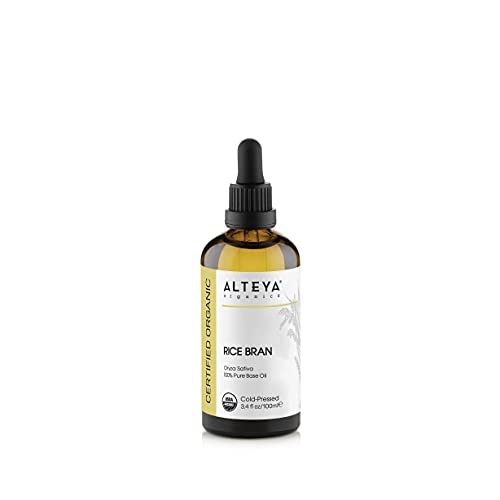 Alteya Organics Rice Bran Oil, Certified Organic Carrier Oil, 3.4 Fl Oz, Cold Pressed 100% Pure Oryza Sativa (Rice) Bran Base Oil