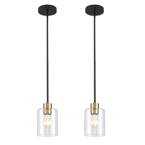 KLSS Black Brass Pendant Lights for Kitchen Island - 2 Pack, Clear Glass, 12 & 4 Inch Stems