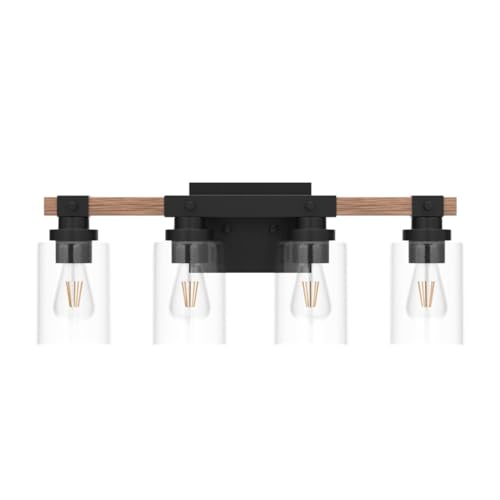 Amico 4-Light Farmhouse Bathroom Vanity Light - Seeded Glass, Black & Wood - Rustic Style